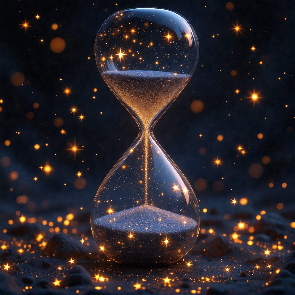 The primary subject of the image is a large, lit-up hourglass. The hourglass is placed on a dark surface, which contrasts with the brightly lit sand inside. The hourglass is surrounded by a starry background, adding a sense of depth and intrigue to the scene. The visual style of the image is a combination of a photo and digital art, creating a unique and captivating display. The colors and mood of the image are predominantly dark and mysterious, with the brightly lit hourglass serving as the focal point and source of light in the scene.